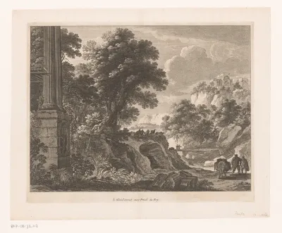 Landschap met twee zuilen, herders en reizigers