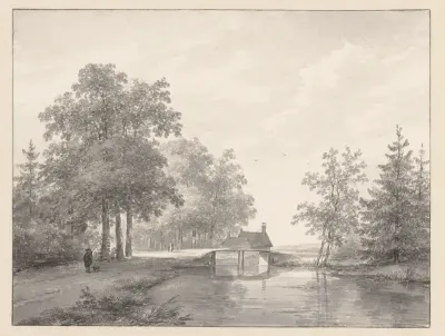 Landschap met vaart en brug, links een jager met hond