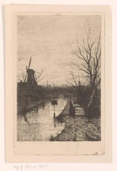 Landschap met vaart, molen en loopbrug