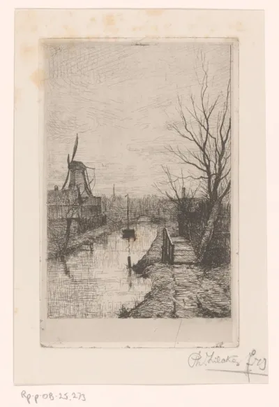 Landschap met vaart, molen en loopbrug