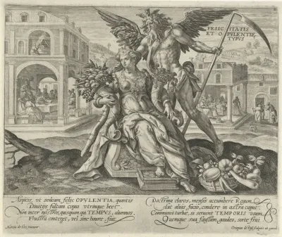 Landschap met Vader Tijd en personificatie van Geluk en Rijkdom