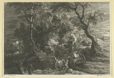 Landschap met vastgelopen wagen