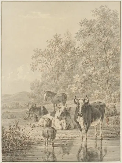 Landschap met vee bij het water