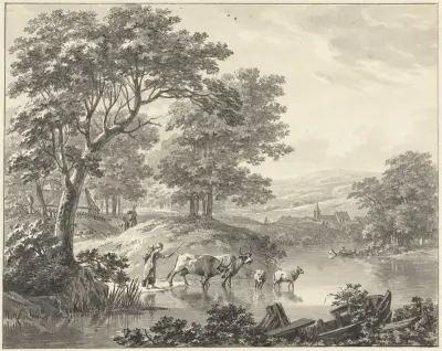 Landschap met vee bij voorde