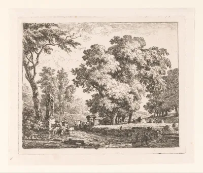 Landschap met vee dat water drinkt bij een kapel