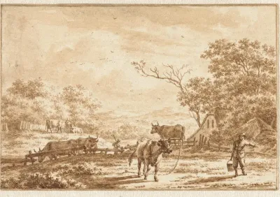 Landschap met vee en boer met emmer