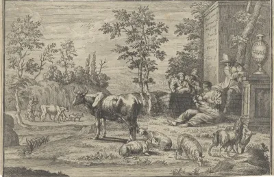 Landschap met vee en boeren