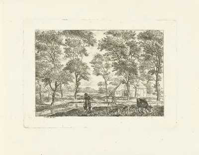 Landschap met vee en melkmeid met juk bij sloot met visser