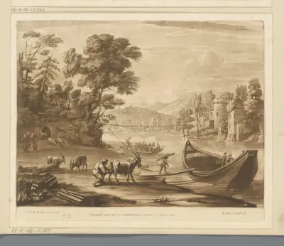 Landschap met vee en pont op een rivier