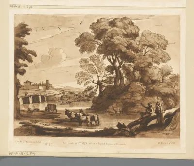 Landschap met vee, herderin en herder die wijst naar een dorp