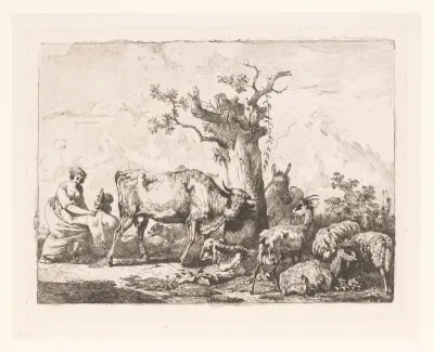 Landschap met vee rondom een boom en een man en vrouw die elkaar omarmen