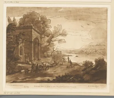 Landschap met veedrijvers langs een meer en een klassiek gebouw