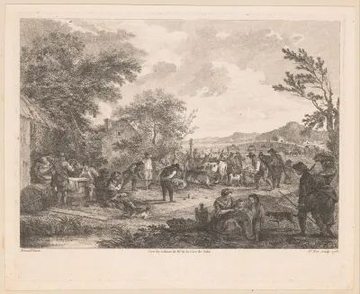 Landschap met veemarkt en drinkende boeren
