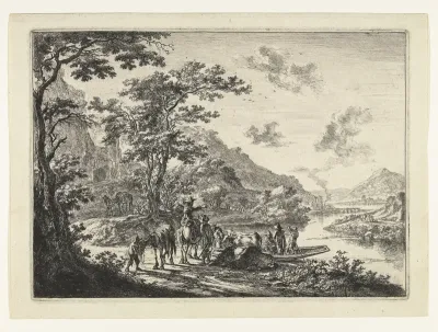Landschap met veerpont en wachtende reizigers aan oever van de Tiber