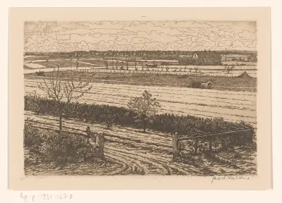 Landschap met velden en boerderij