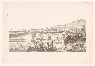 Landschap met veldslag en vluchtende inwoners