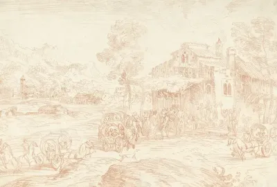 Landschap met vele figuren bij een herberg