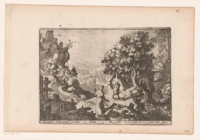 Landschap met verhaal van de barmhartige Samaritaan: de priester en de Leviet passeren het slachtoffer en laten het liggen
