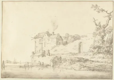 Landschap met vervallen huis aan een rivier