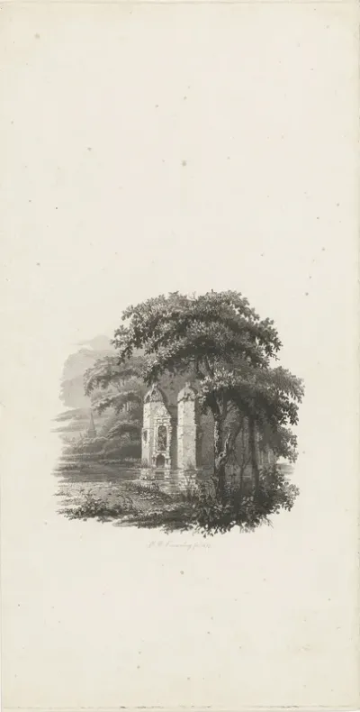 Landschap met vervallen monument in een waterplas