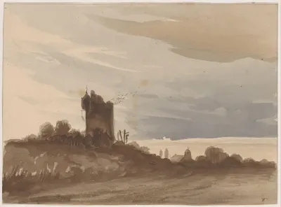 Landschap met vervallen toren