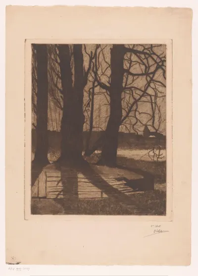 Landschap met vier bomen in de avond