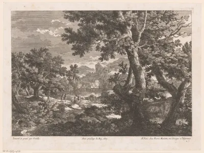 Landschap met vier figuren bij een waterval