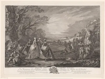 Landschap met vier figuren een bezoek brengend aan een legerkamp