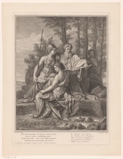 Landschap met vier figuren in klassieke gewaden, waaronder een vrouw met een spiegel en een man met twee boeken