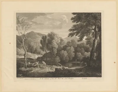 Landschap met vier figuren rondom een klein meer in een bos