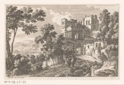 Landschap met vier figuren voor ruïne