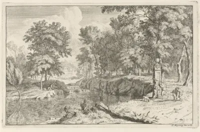 Landschap met vier mensen bij een monument