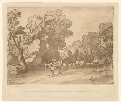 Landschap met vier ruiters op een bospad