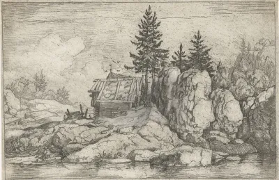 Landschap met vier sparren bij een hut