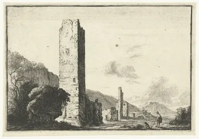 Landschap met vierkante toren