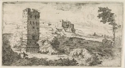 Landschap met vierkante toren