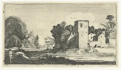 Landschap met vierkante toren bij huizen
