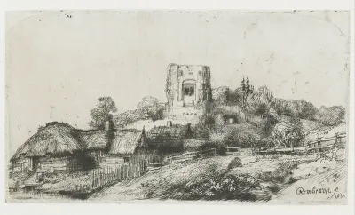 Landschap met vierkante toren