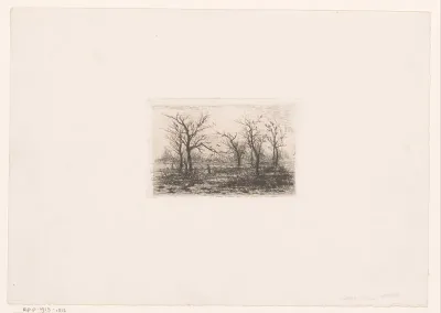 Landschap met vijf grote kale bomen