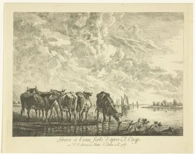 Landschap met vijf koeien bij een rivier