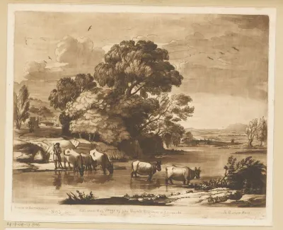 Landschap met vijf koeien en een herder die een rivier oversteken