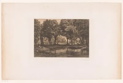 Landschap met vijver en dansende figuren op de achtergrond