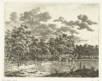 Landschap met vijver en twee hengelende vissers