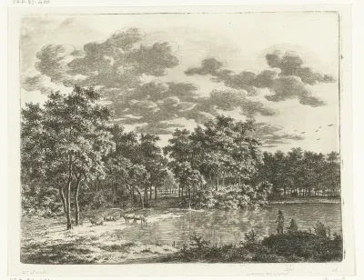 Landschap met vijver en twee hengelende vissers