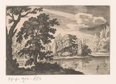 Landschap met vijver en twee ooievaars