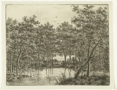 Landschap met vijver, links zit een visser met een puntige hoed