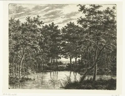 Landschap met vijver, links zit een visser met puntige hoed