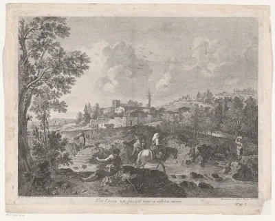 Landschap met visser, boeren en reizigers