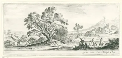 Landschap met visser, boom en ruiters