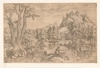 Landschap met visser en kasteel op bergtop